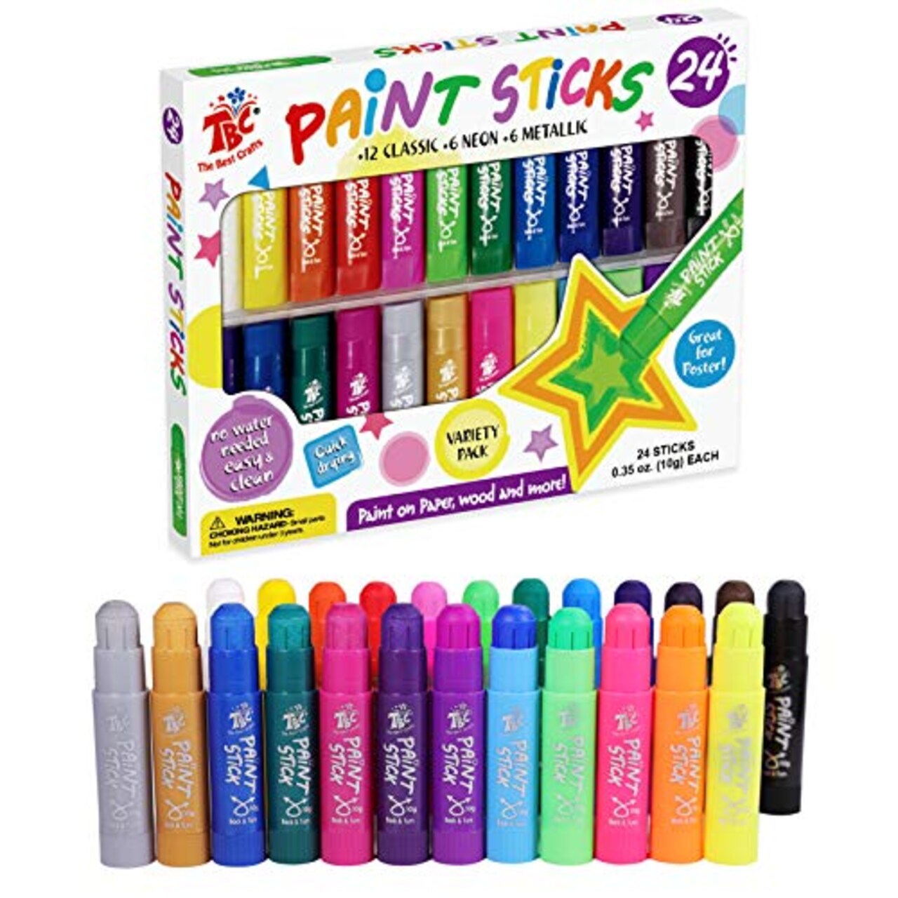 TBC The Best Crafts Paint Sticks,24 Classic Colors, Washable Paint,  Non-toxic, Tempera Paint Sticks for Kids and Students
